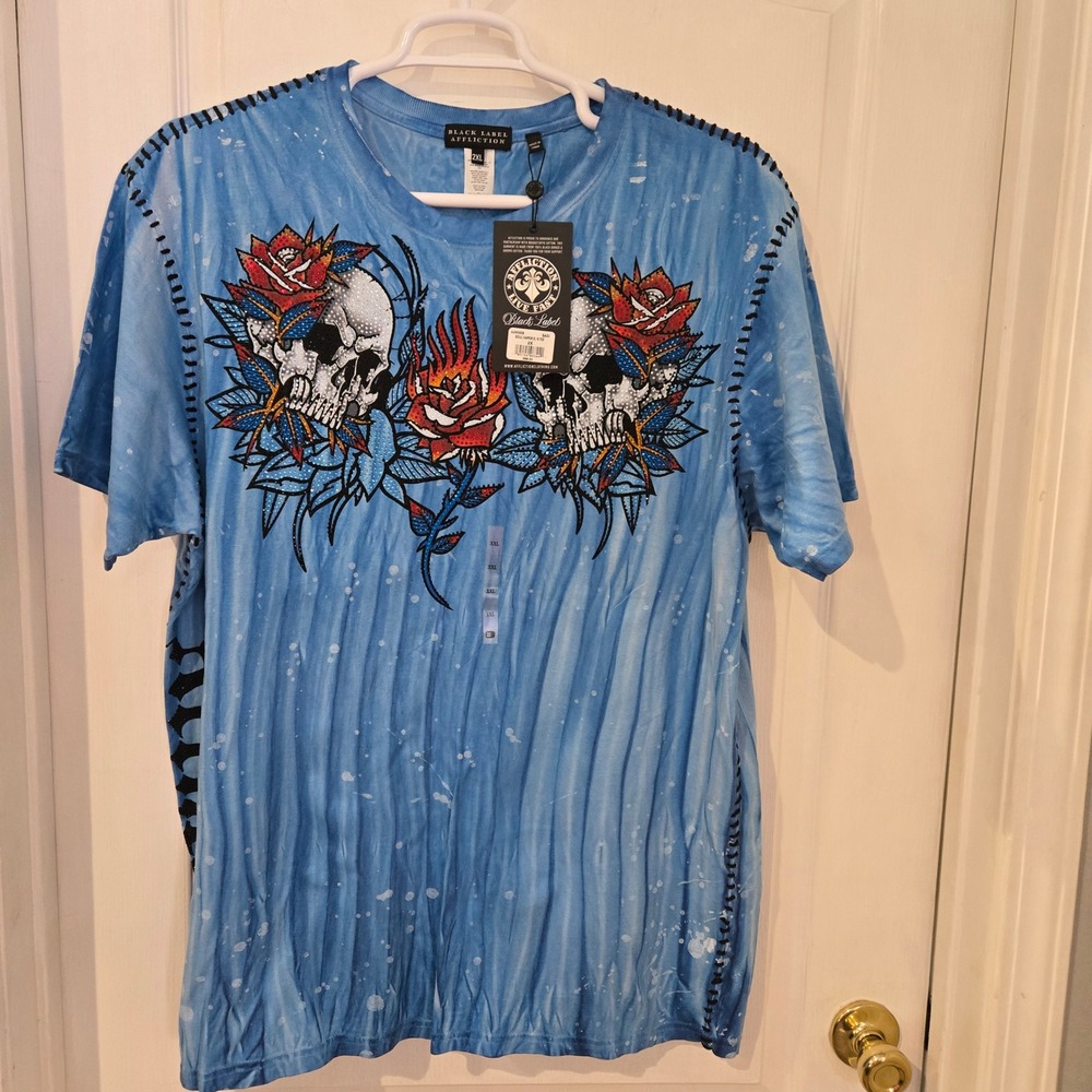 Affliction Black Label T-Shirt Mens 2XL Blue New Rhinestone Skull Soul Vapor Tee